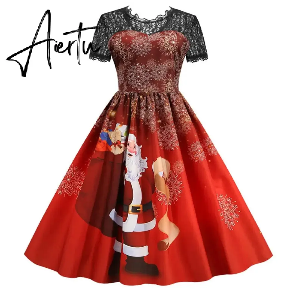 Women Christmas Dress Short Sleeve Lace Sexy Evening Party Dresses Tunic 50s Hepburn Elegant Sundress