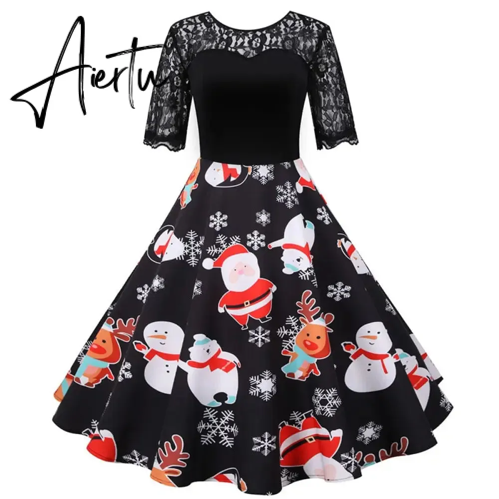 Women Christmas Dress Short Sleeve Lace Sexy Evening Party Dresses Tunic 50s Hepburn Elegant Sundress