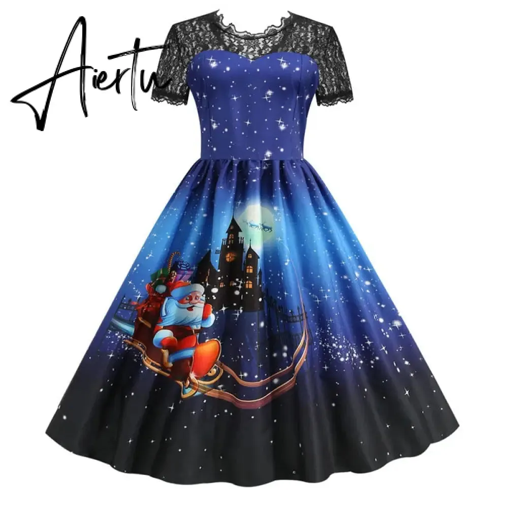 Women Christmas Dress Short Sleeve Lace Sexy Evening Party Dresses Tunic 50s Hepburn Elegant Sundress