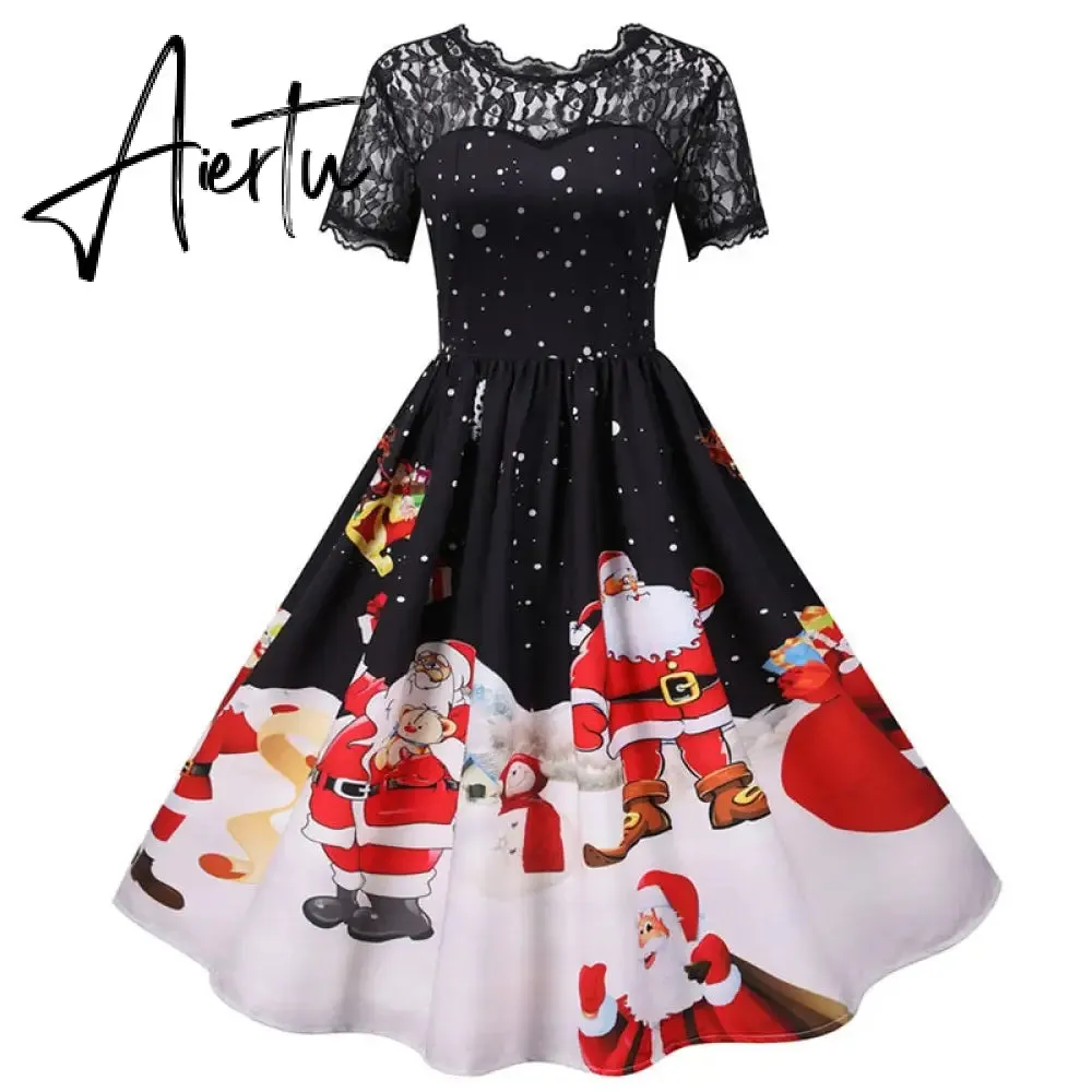 Women Christmas Dress Short Sleeve Lace Sexy Evening Party Dresses Tunic 50s Hepburn Elegant Sundress