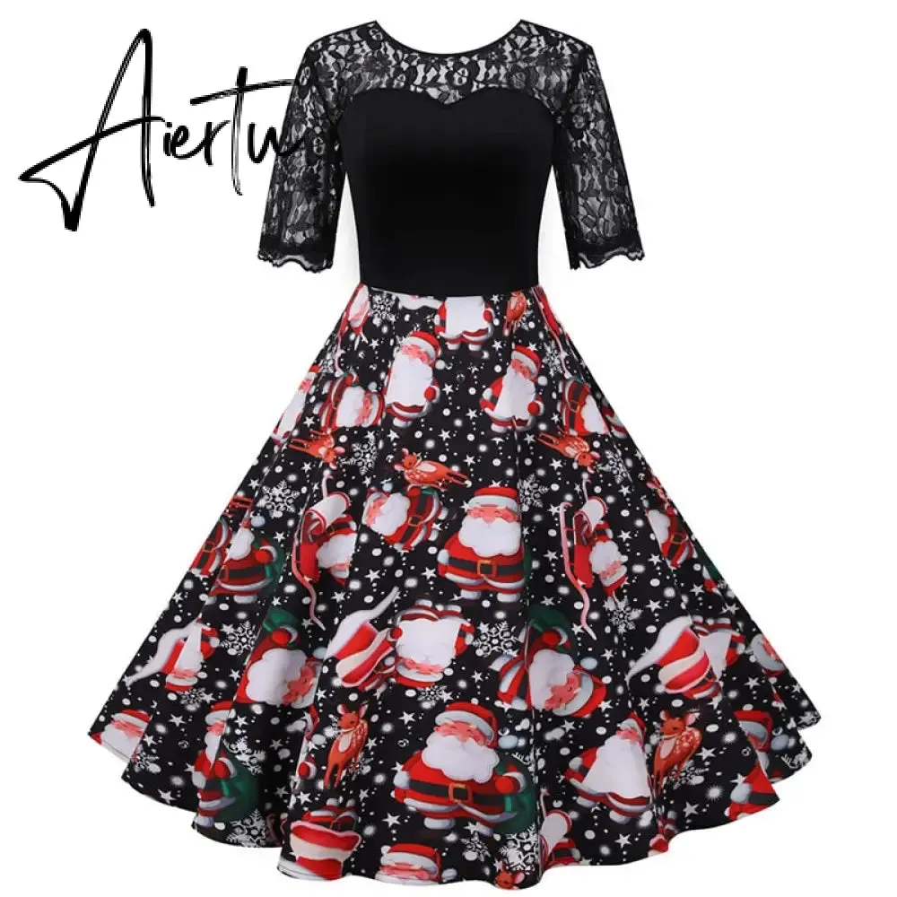 Women Christmas Dress Short Sleeve Lace Sexy Evening Party Dresses Tunic 50s Hepburn Elegant Sundress