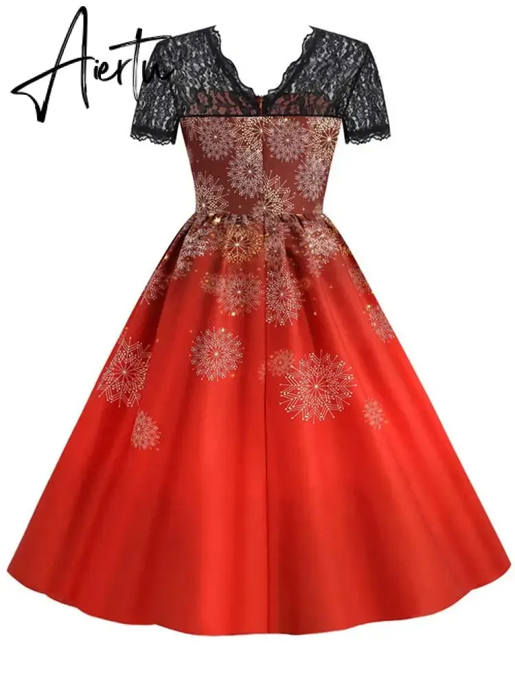 Women Christmas Dress Short Sleeve Lace Sexy Evening Party Dresses Tunic 50s Hepburn Elegant Sundress