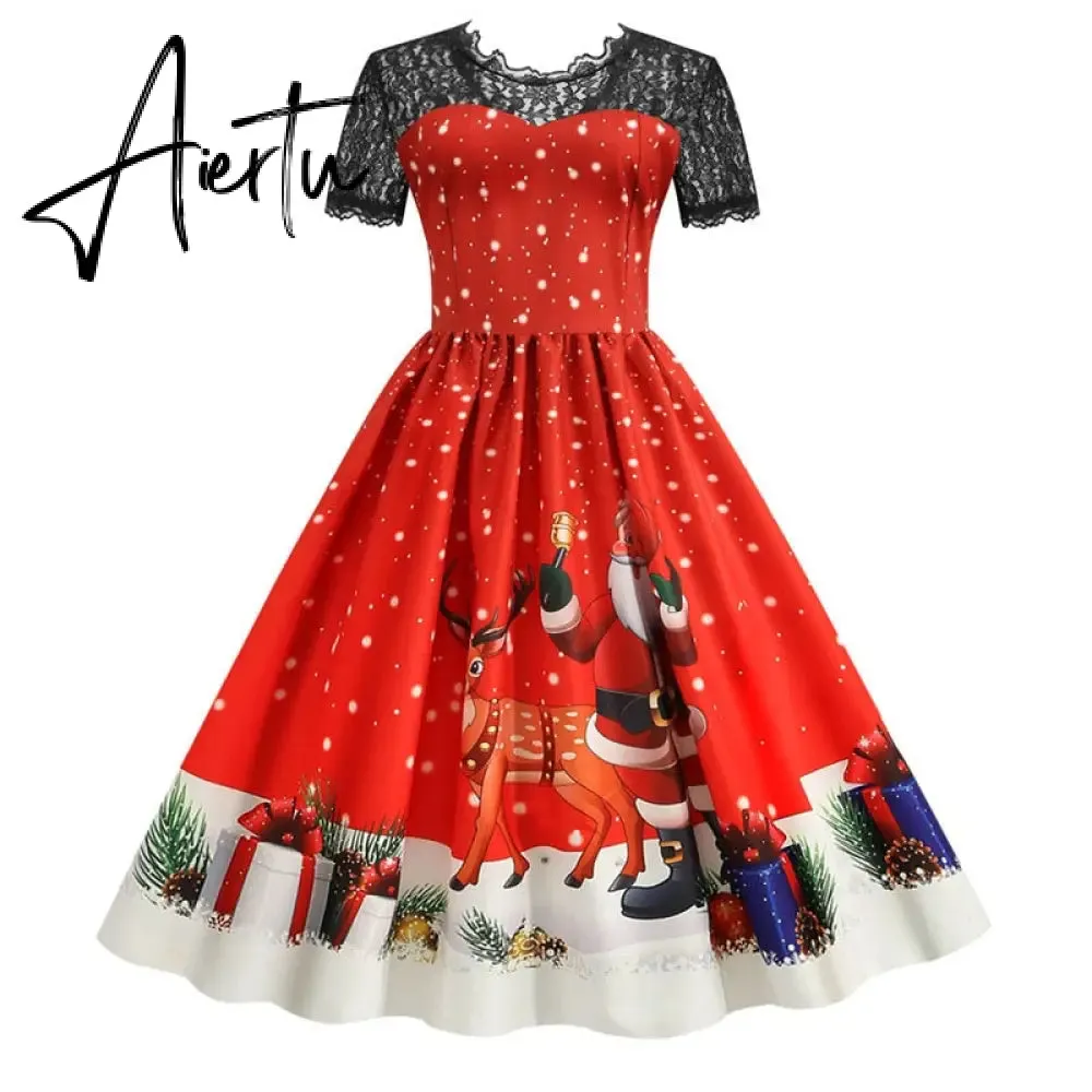 Women Christmas Dress Short Sleeve Lace Sexy Evening Party Dresses Tunic 50s Hepburn Elegant Sundress