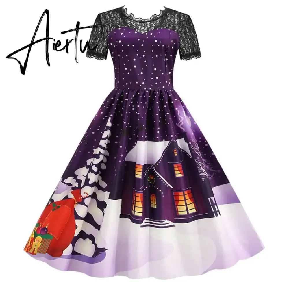 Women Christmas Dress Short Sleeve Lace Sexy Evening Party Dresses Tunic 50s Hepburn Elegant Sundress