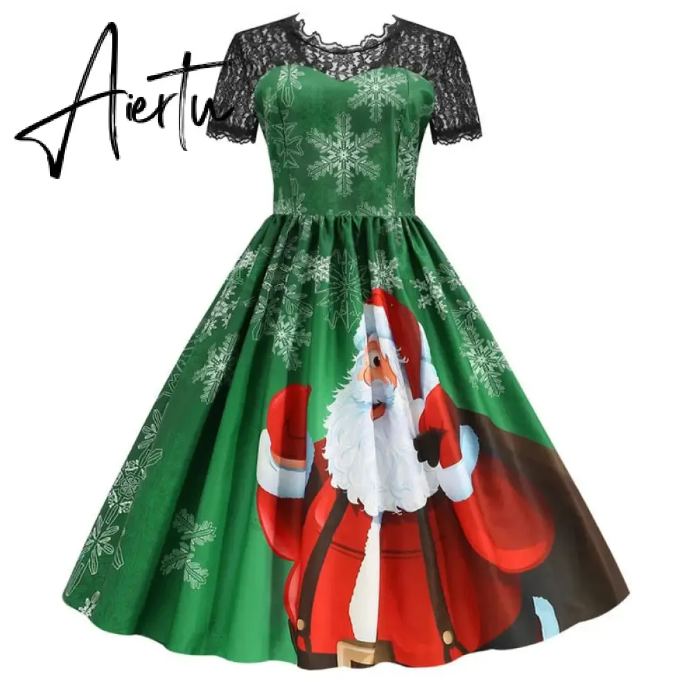 Women Christmas Dress Short Sleeve Lace Sexy Evening Party Dresses Tunic 50s Hepburn Elegant Sundress