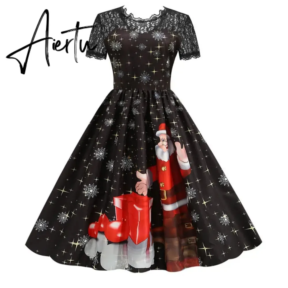 Women Christmas Dress Short Sleeve Lace Sexy Evening Party Dresses Tunic 50s Hepburn Elegant Sundress