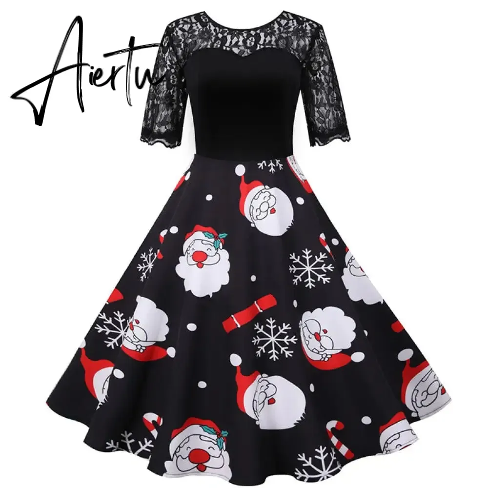 Women Christmas Dress Short Sleeve Lace Sexy Evening Party Dresses Tunic 50s Hepburn Elegant Sundress
