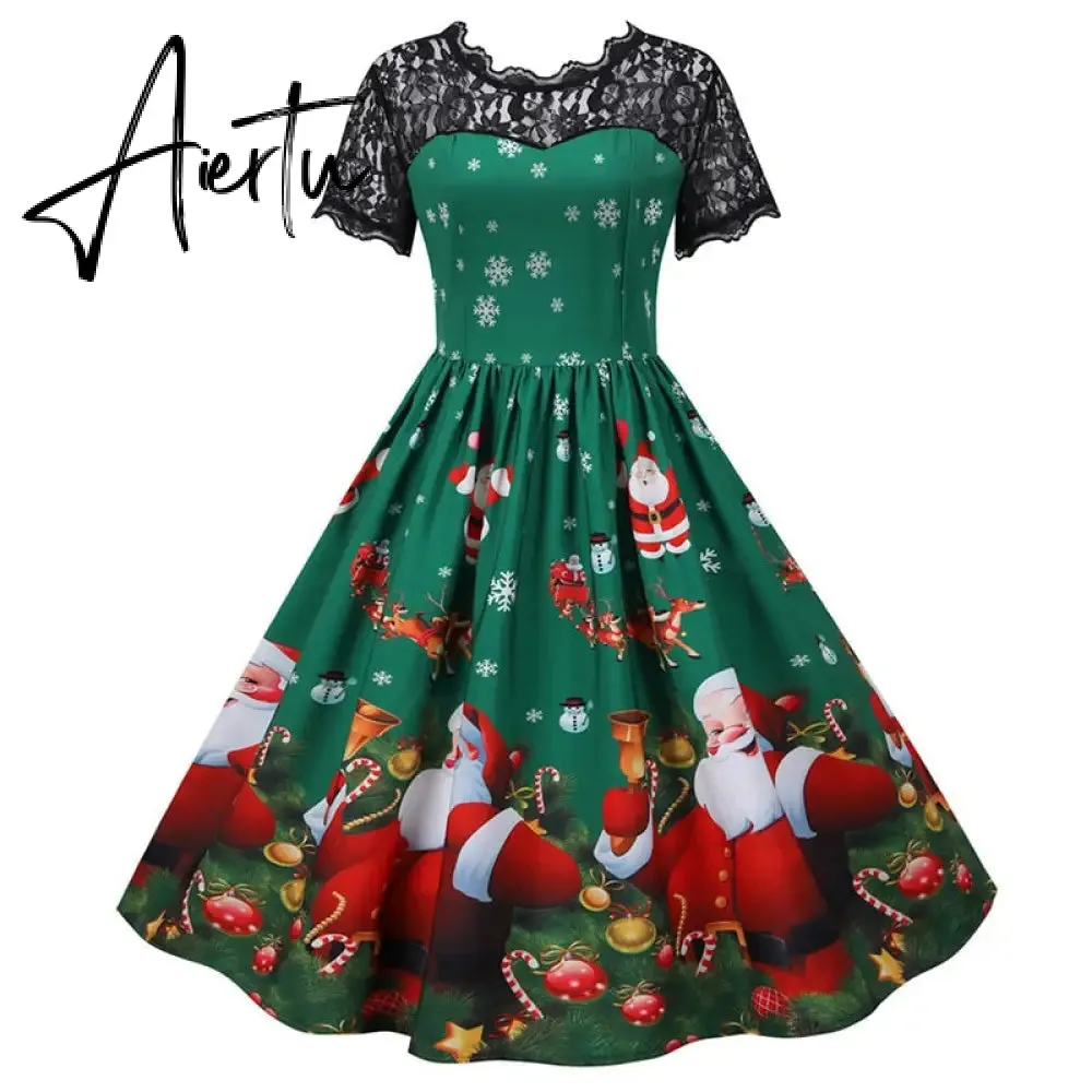 Women Christmas Dress Short Sleeve Lace Sexy Evening Party Dresses Tunic 50s Hepburn Elegant Sundress