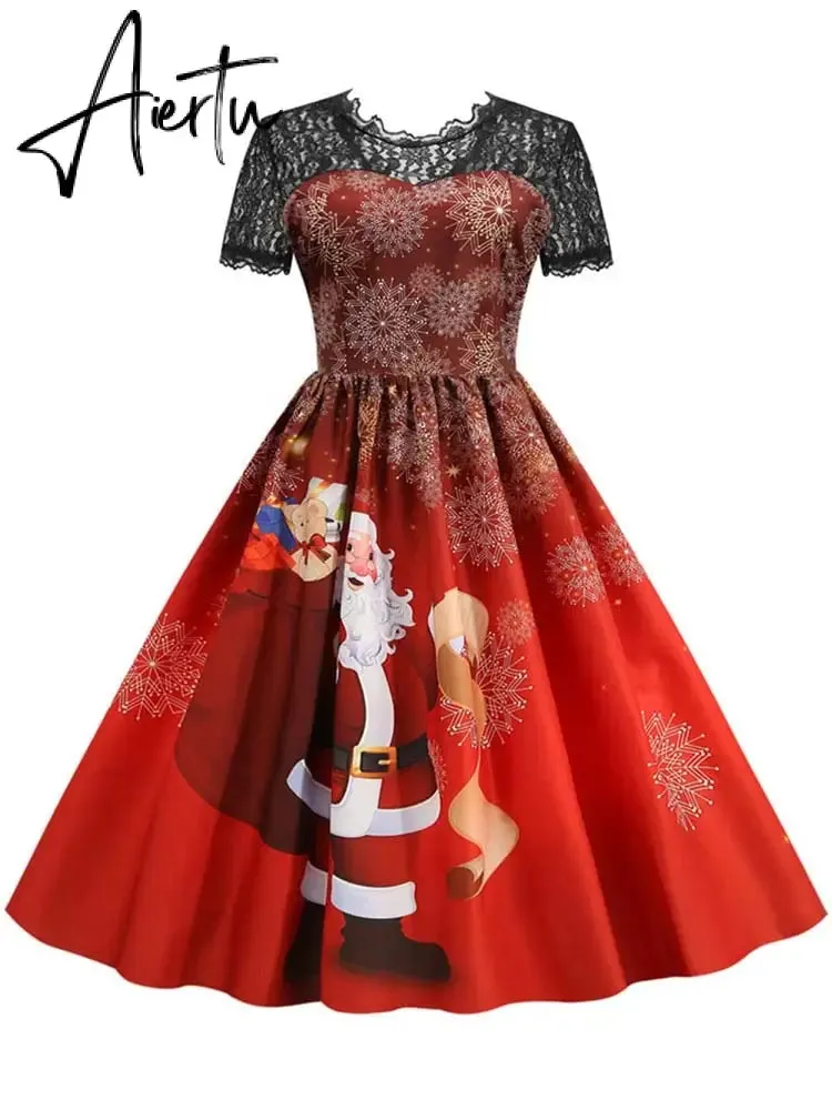 Women Christmas Dress Short Sleeve Lace Sexy Evening Party Dresses Tunic 50s Hepburn Elegant Sundress