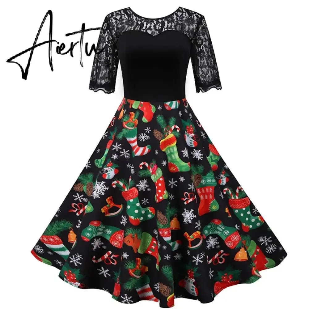 Women Christmas Dress Short Sleeve Lace Sexy Evening Party Dresses Tunic 50s Hepburn Elegant Sundress