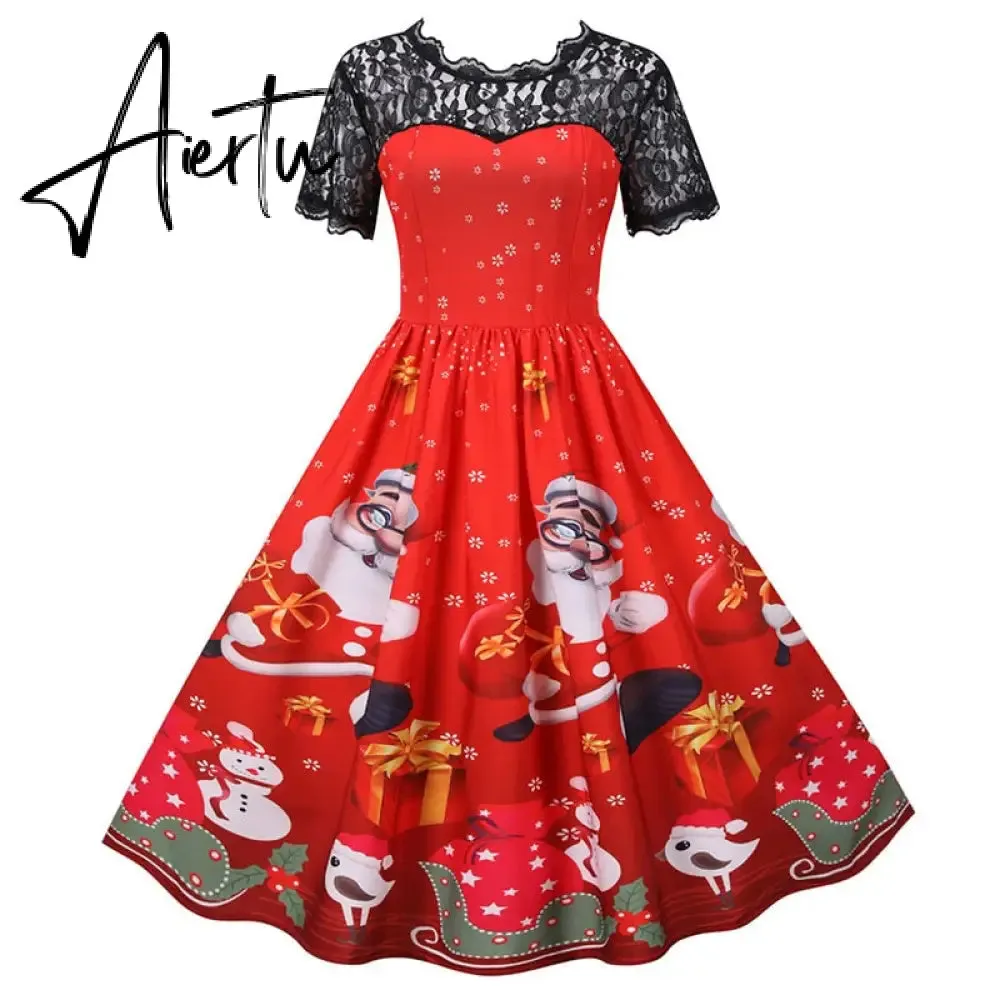 Women Christmas Dress Short Sleeve Lace Sexy Evening Party Dresses Tunic 50s Hepburn Elegant Sundress