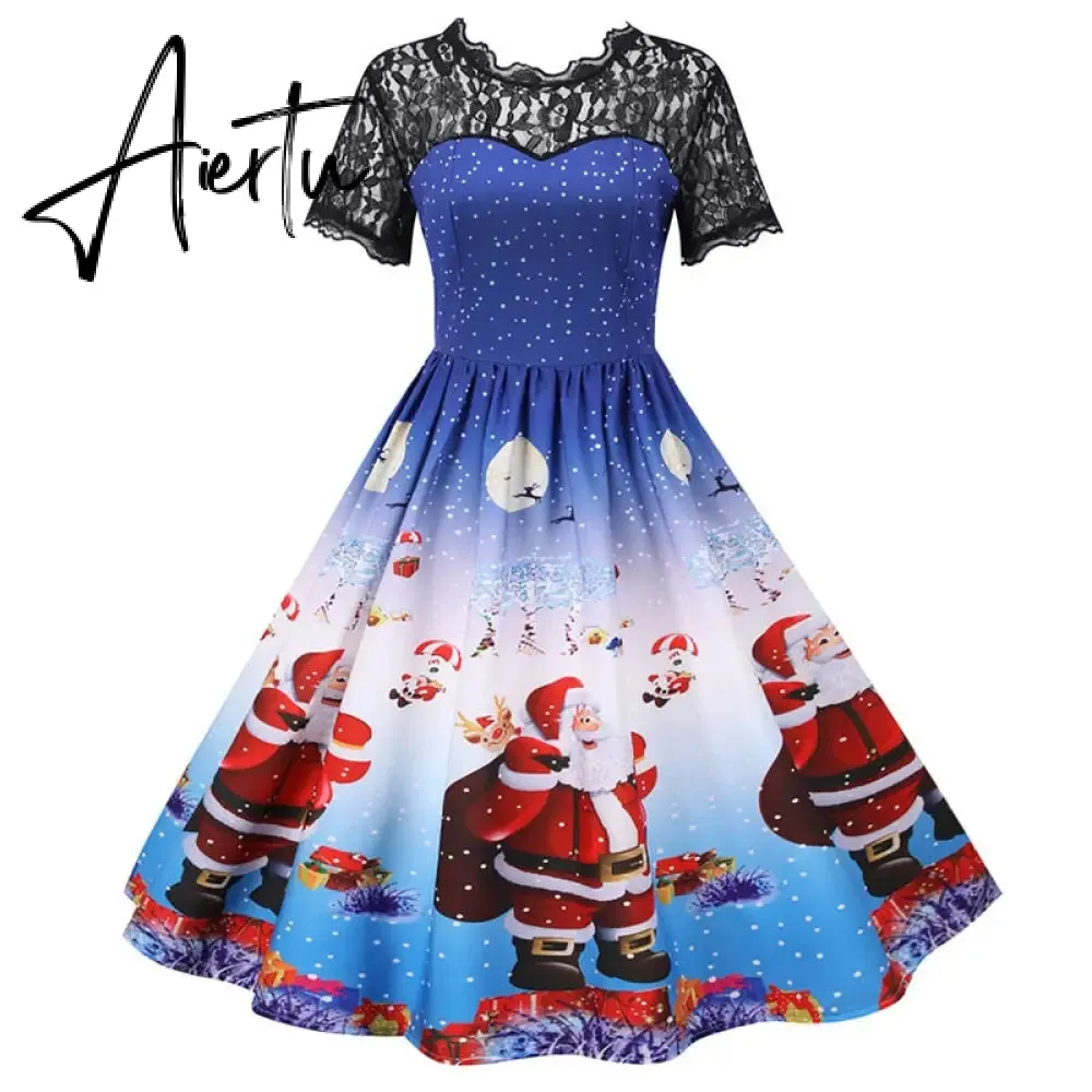 Women Christmas Dress Short Sleeve Lace Sexy Evening Party Dresses Tunic 50s Hepburn Elegant Sundress