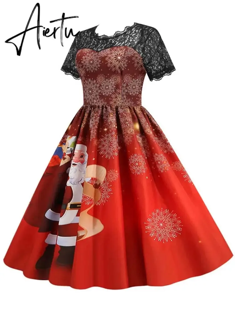 Women Christmas Dress Short Sleeve Lace Sexy Evening Party Dresses Tunic 50s Hepburn Elegant Sundress
