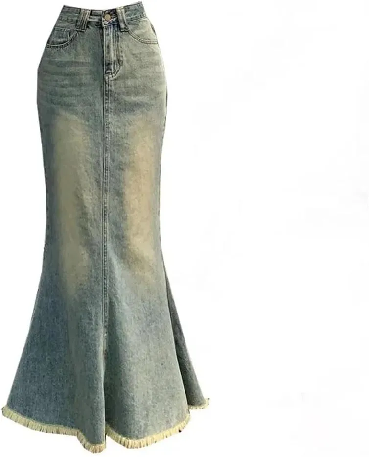 Women Denim Skirt Vintage Causal High Waist Slim Gradient Sexy Chic Elegant Mermaid Mid-Length Slim Fit Skirt