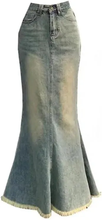 Women Denim Skirt Vintage Causal High Waist Slim Gradient Sexy Chic Elegant Mermaid Mid-Length Slim Fit Skirt