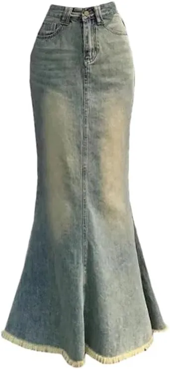 Women Denim Skirt Vintage Causal High Waist Slim Gradient Sexy Chic Elegant Mermaid Mid-Length Slim Fit Skirt