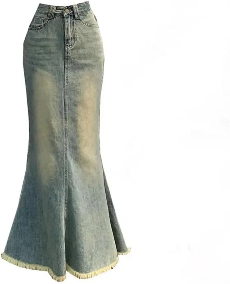 Women Denim Skirt Vintage Causal High Waist Slim Gradient Sexy Chic Elegant Mermaid Mid-Length Slim Fit Skirt