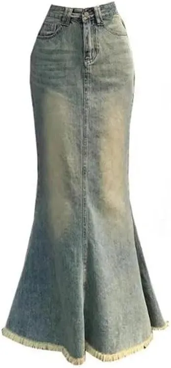 Women Denim Skirt Vintage Causal High Waist Slim Gradient Sexy Chic Elegant Mermaid Mid-Length Slim Fit Skirt