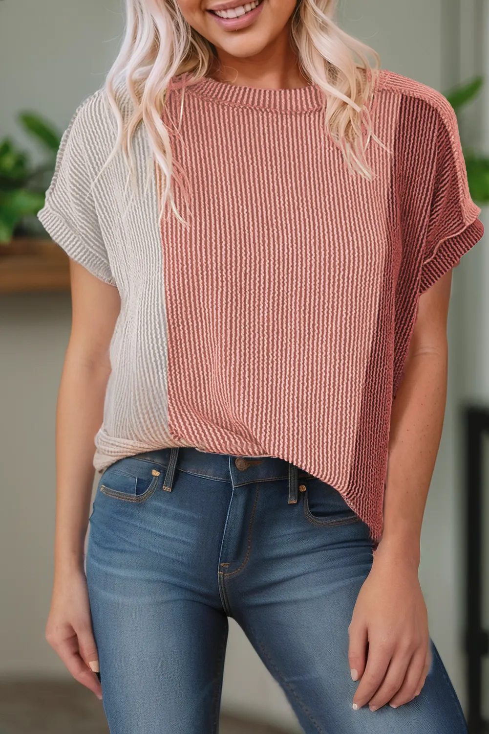 Women Ribbed Textured Color Block Short Sleeve Shirt | S-XL