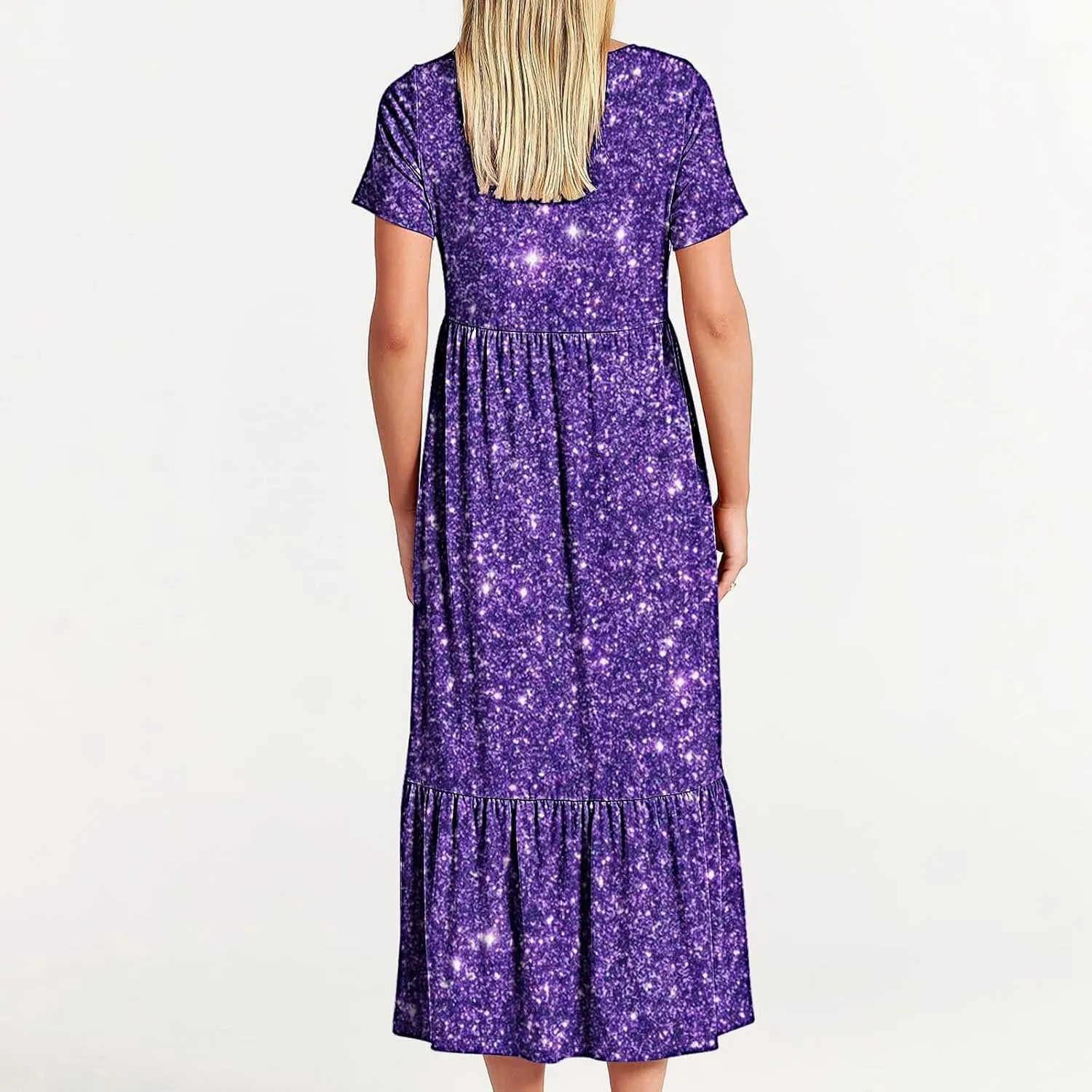 Women Sparkly Printed Cocktail Dresses Tiered Short Sleeve Crew Neck Ruched Elastic Waist Midi Dress with Pockets