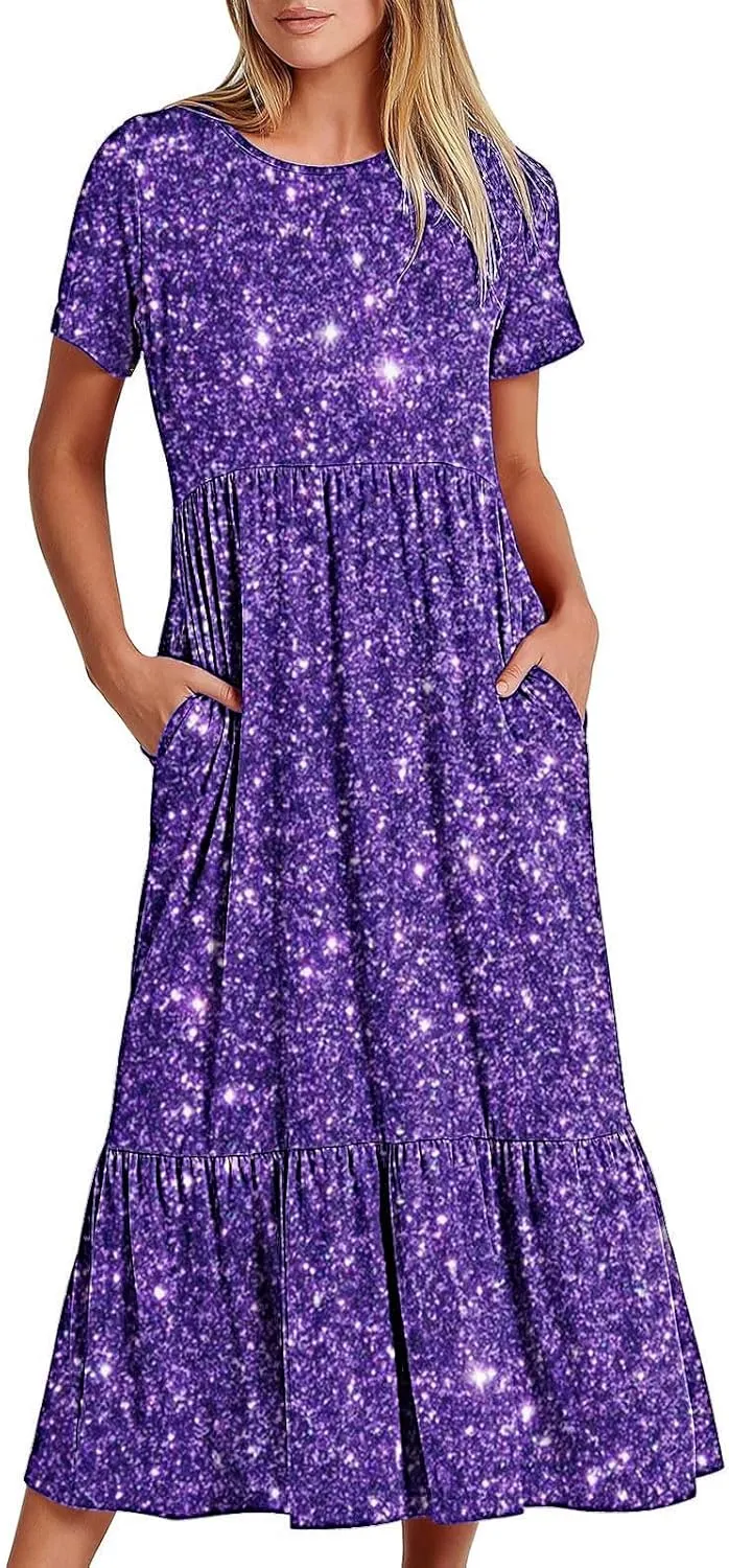 Women Sparkly Printed Cocktail Dresses Tiered Short Sleeve Crew Neck Ruched Elastic Waist Midi Dress with Pockets