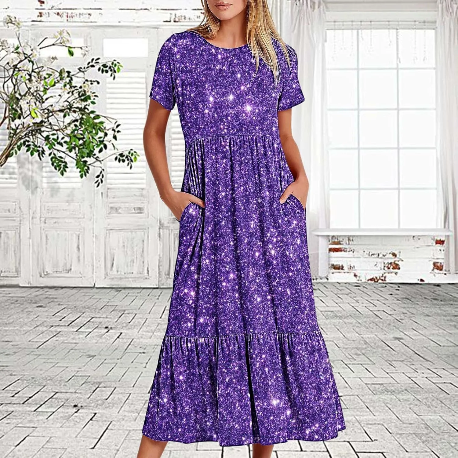 Women Sparkly Printed Cocktail Dresses Tiered Short Sleeve Crew Neck Ruched Elastic Waist Midi Dress with Pockets