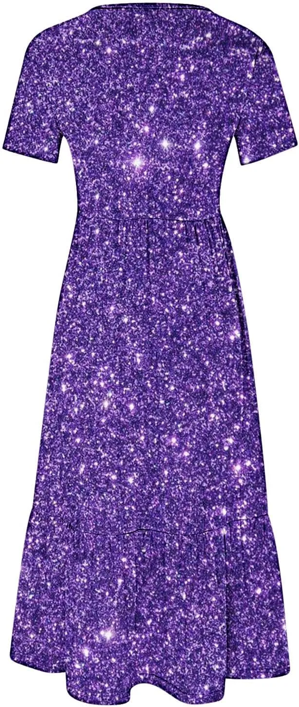 Women Sparkly Printed Cocktail Dresses Tiered Short Sleeve Crew Neck Ruched Elastic Waist Midi Dress with Pockets