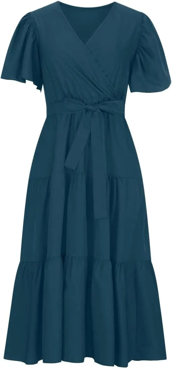Women Summer Bohemian Floral Casual Wrap V Neck Ruffle Cap Short Sleeve Belt A-Line Pleated Hem Midi Sun Dress