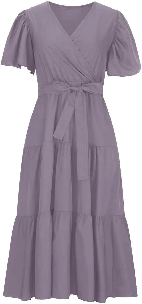 Women Summer Bohemian Floral Casual Wrap V Neck Ruffle Cap Short Sleeve Belt A-Line Pleated Hem Midi Sun Dress