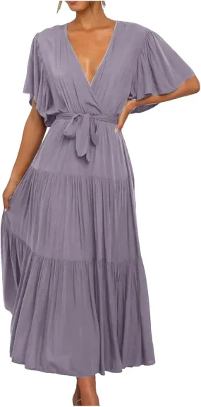 Women Summer Bohemian Floral Casual Wrap V Neck Ruffle Cap Short Sleeve Belt A-Line Pleated Hem Midi Sun Dress