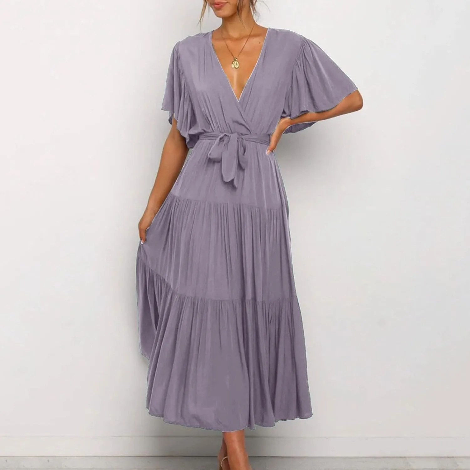 Women Summer Bohemian Floral Casual Wrap V Neck Ruffle Cap Short Sleeve Belt A-Line Pleated Hem Midi Sun Dress