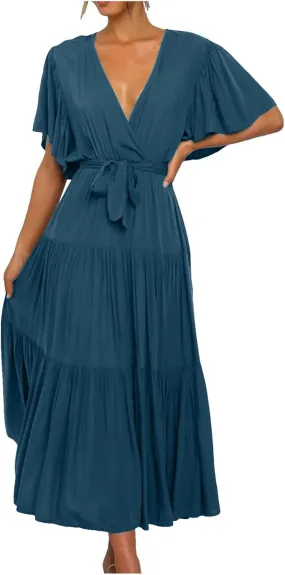 Women Summer Bohemian Floral Casual Wrap V Neck Ruffle Cap Short Sleeve Belt A-Line Pleated Hem Midi Sun Dress