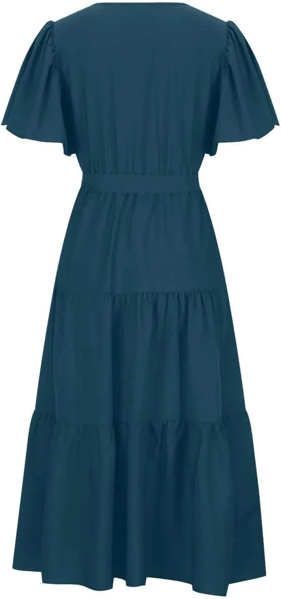 Women Summer Bohemian Floral Casual Wrap V Neck Ruffle Cap Short Sleeve Belt A-Line Pleated Hem Midi Sun Dress