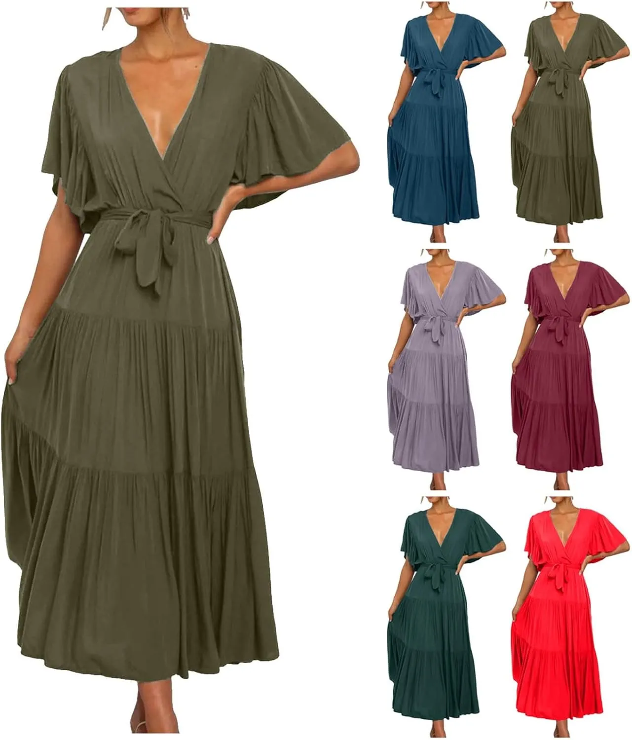 Women Summer Bohemian Floral Casual Wrap V Neck Ruffle Cap Short Sleeve Belt A-Line Pleated Hem Midi Sun Dress