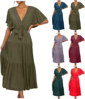 Women Summer Bohemian Floral Casual Wrap V Neck Ruffle Cap Short Sleeve Belt A-Line Pleated Hem Midi Sun Dress