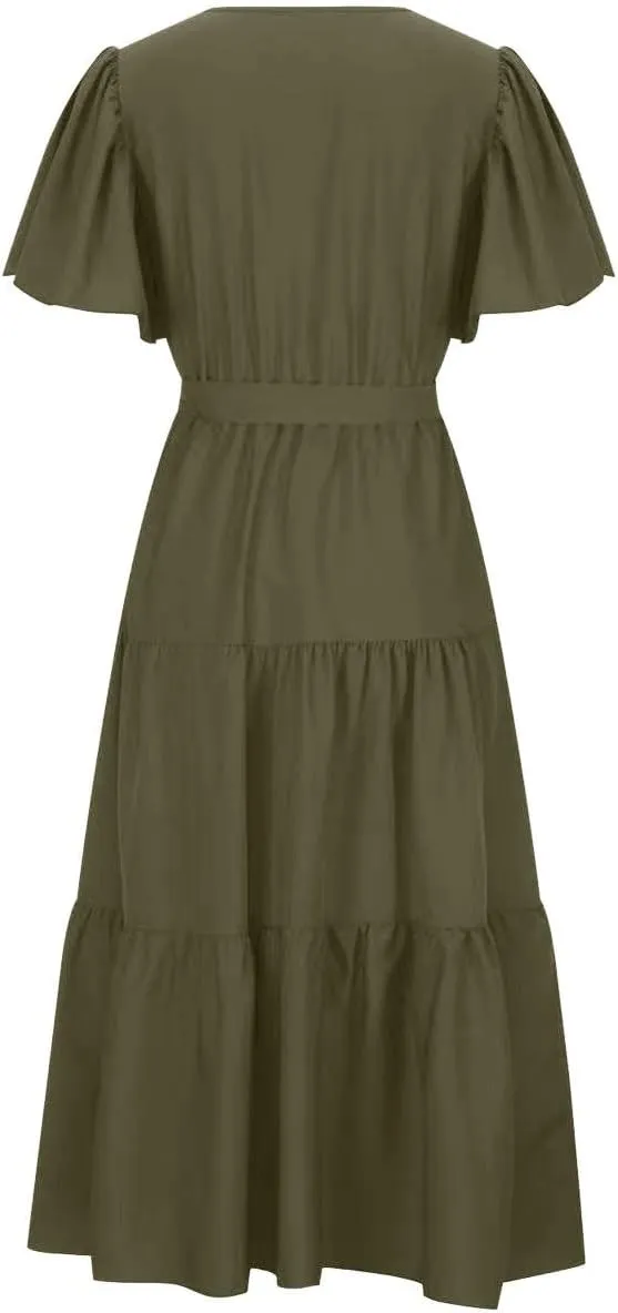 Women Summer Bohemian Floral Casual Wrap V Neck Ruffle Cap Short Sleeve Belt A-Line Pleated Hem Midi Sun Dress