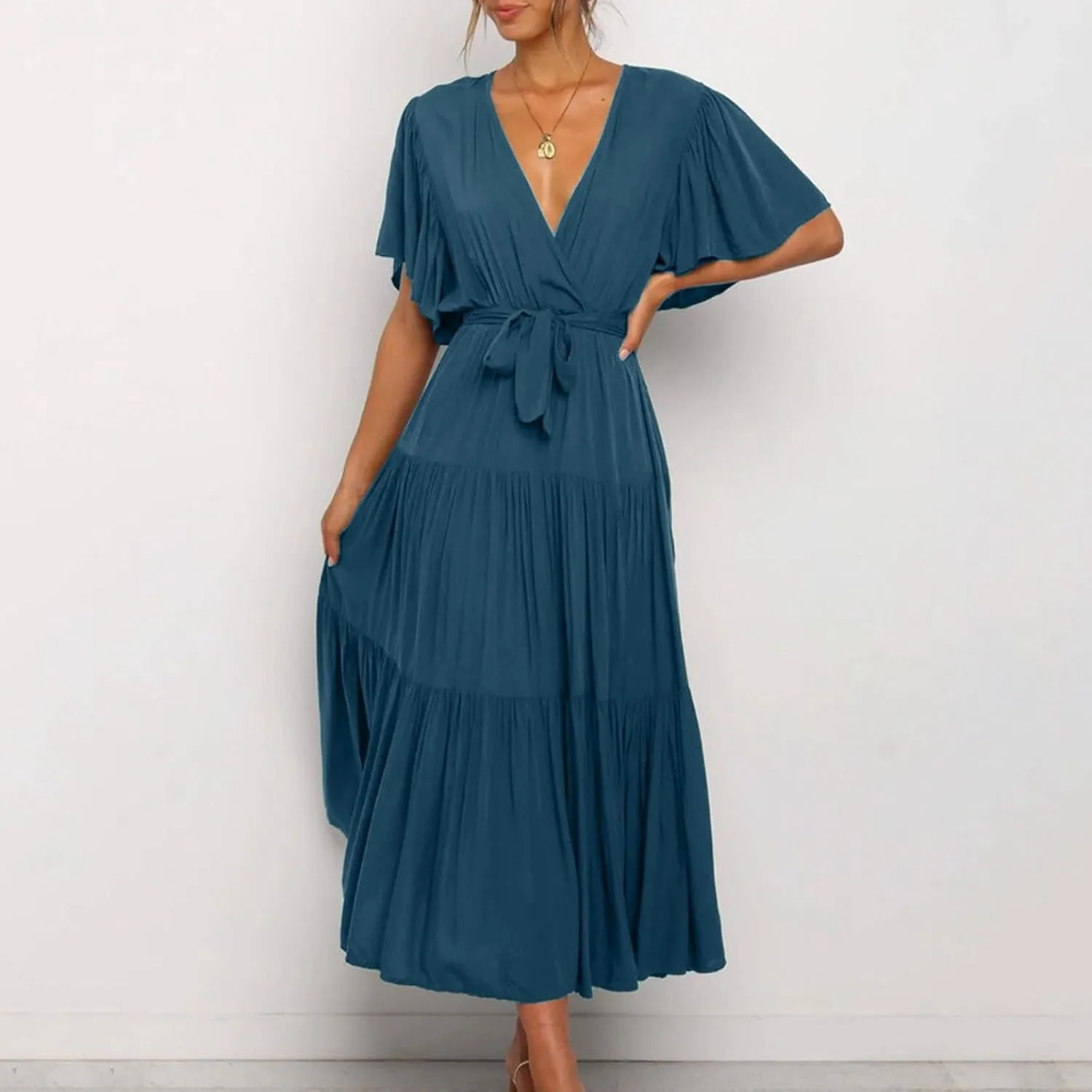 Women Summer Bohemian Floral Casual Wrap V Neck Ruffle Cap Short Sleeve Belt A-Line Pleated Hem Midi Sun Dress