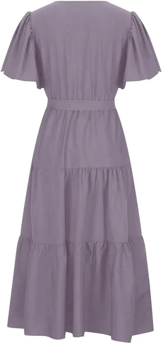 Women Summer Bohemian Floral Casual Wrap V Neck Ruffle Cap Short Sleeve Belt A-Line Pleated Hem Midi Sun Dress