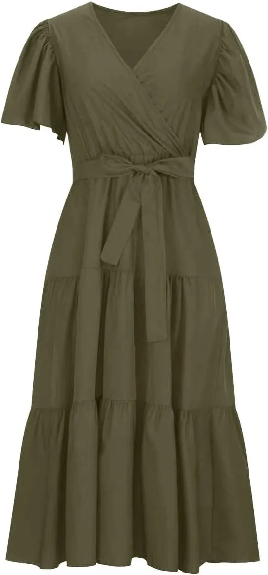 Women Summer Bohemian Floral Casual Wrap V Neck Ruffle Cap Short Sleeve Belt A-Line Pleated Hem Midi Sun Dress