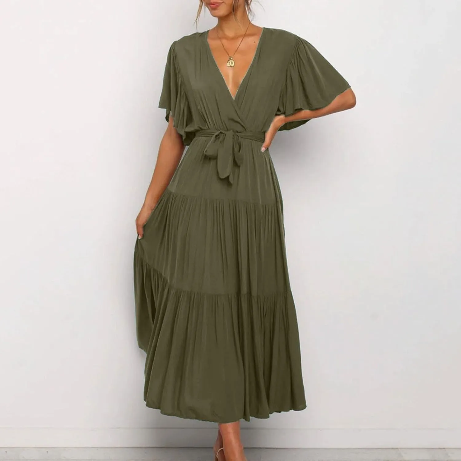 Women Summer Bohemian Floral Casual Wrap V Neck Ruffle Cap Short Sleeve Belt A-Line Pleated Hem Midi Sun Dress