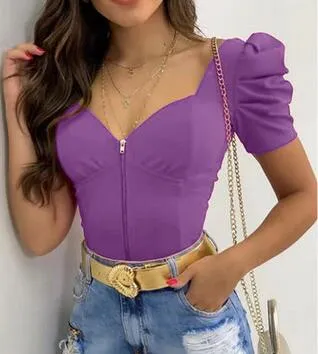 Women Summer Fashion Puff Sleeve Zip Front Top Solid Casual Sexy Square Neck Short Sleeve Female Top