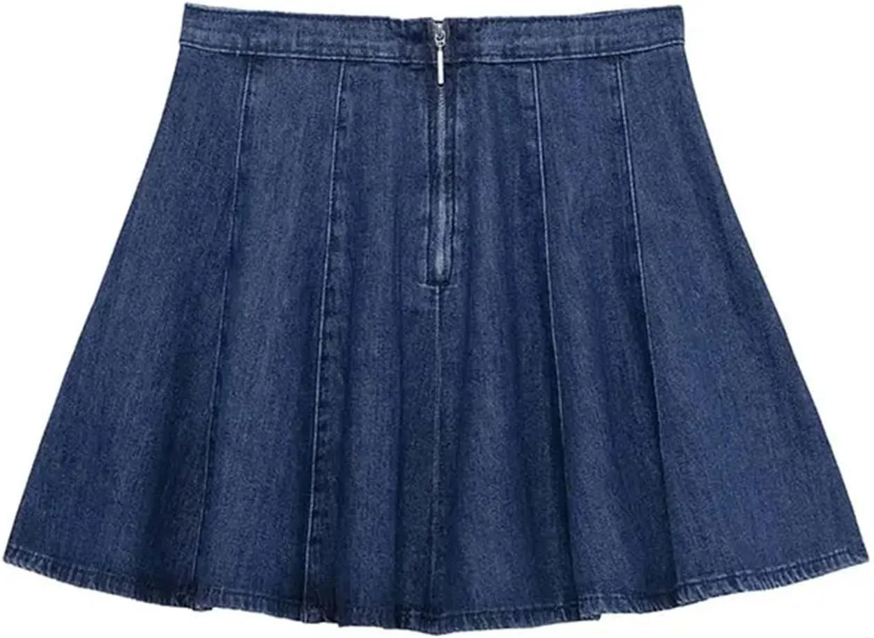 Women Vintage Casual Chic Denim Skirt Solid Zipper Pockets Straight Pleated A-LINE Jeans Skirt