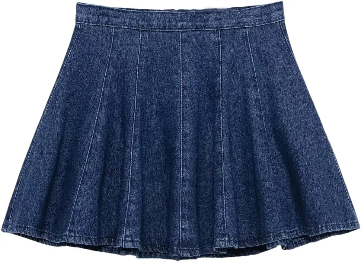 Women Vintage Casual Chic Denim Skirt Solid Zipper Pockets Straight Pleated A-LINE Jeans Skirt