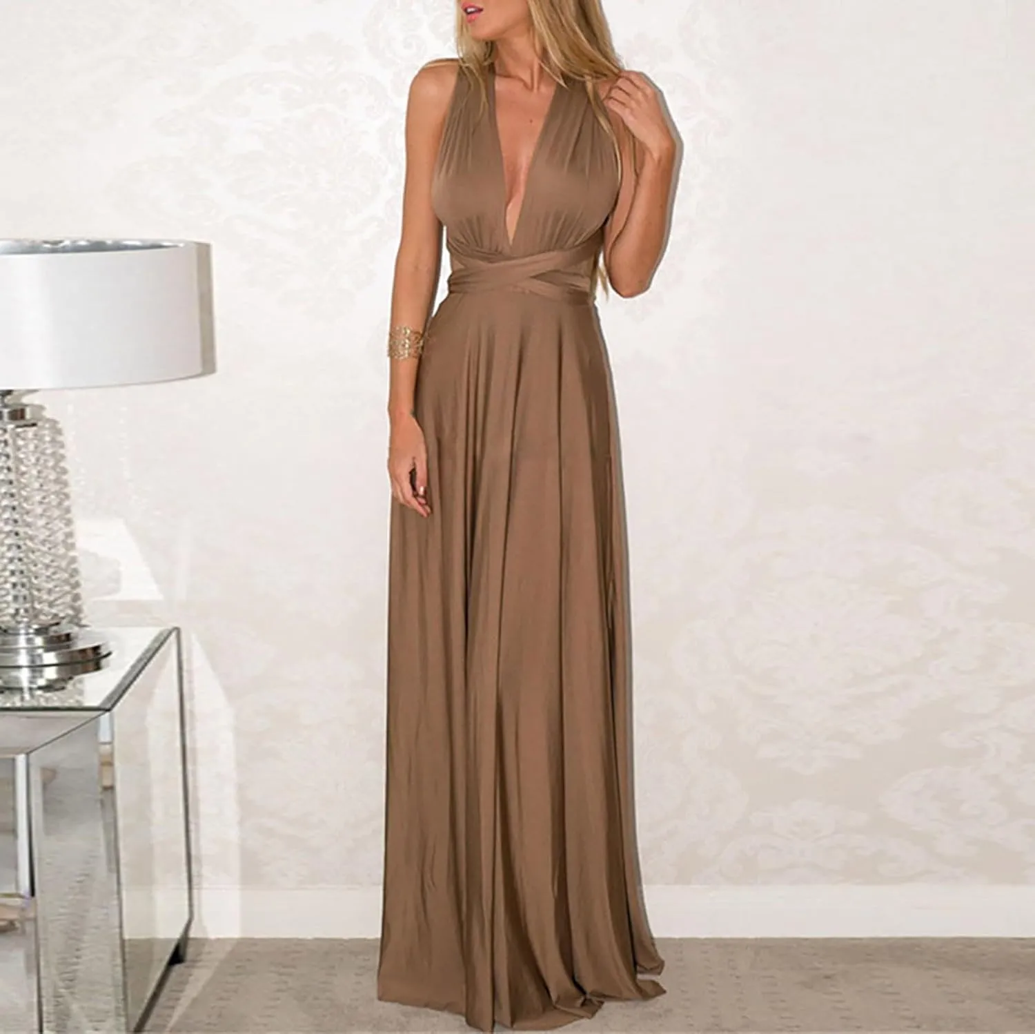 Womens 2025 Formal Dresses Wrap V-Neck Ruched Sexy Bridesmaid Wedding Guest Maxi Dresses Long Party Prom Gowns