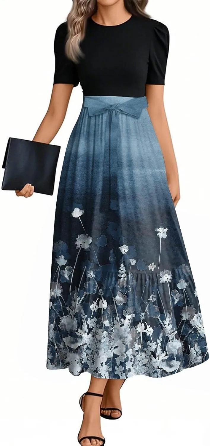 Women's 2025 Summer Maxi Dress - Ruffle Belt Short Sleeve Floral Print Patchwork Empire Waist Long Flowy Dresses