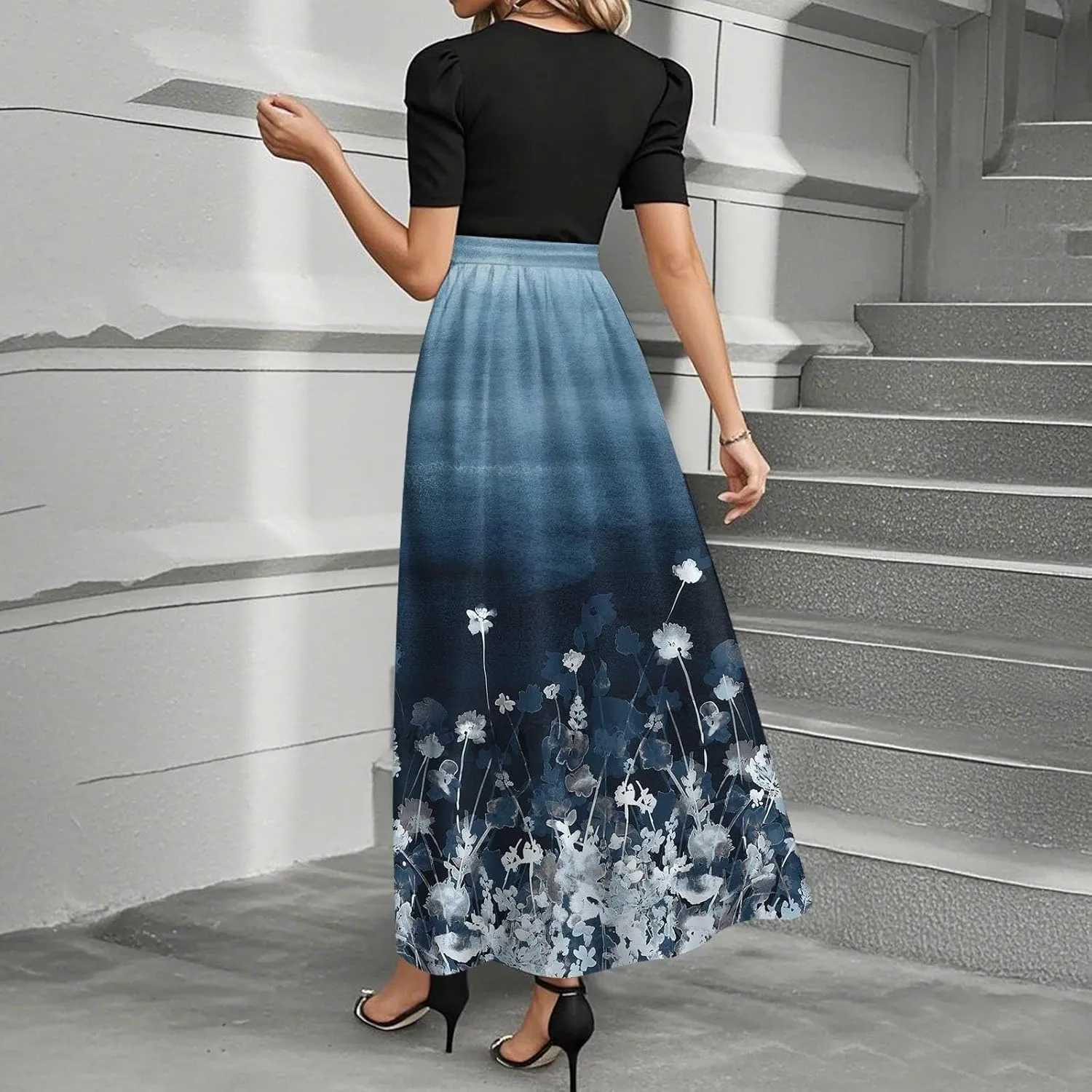 Women's 2025 Summer Maxi Dress - Ruffle Belt Short Sleeve Floral Print Patchwork Empire Waist Long Flowy Dresses