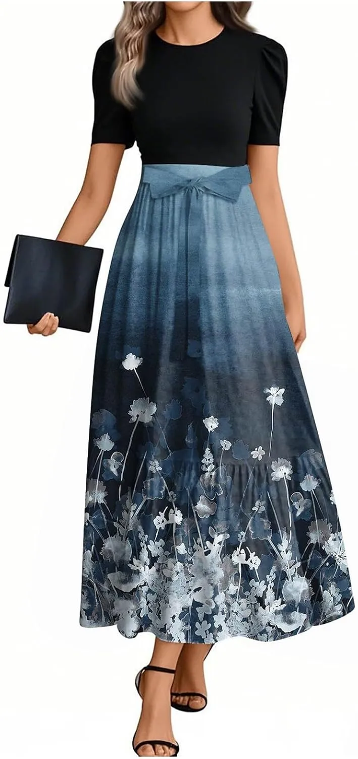 Women's 2025 Summer Maxi Dress - Ruffle Belt Short Sleeve Floral Print Patchwork Empire Waist Long Flowy Dresses