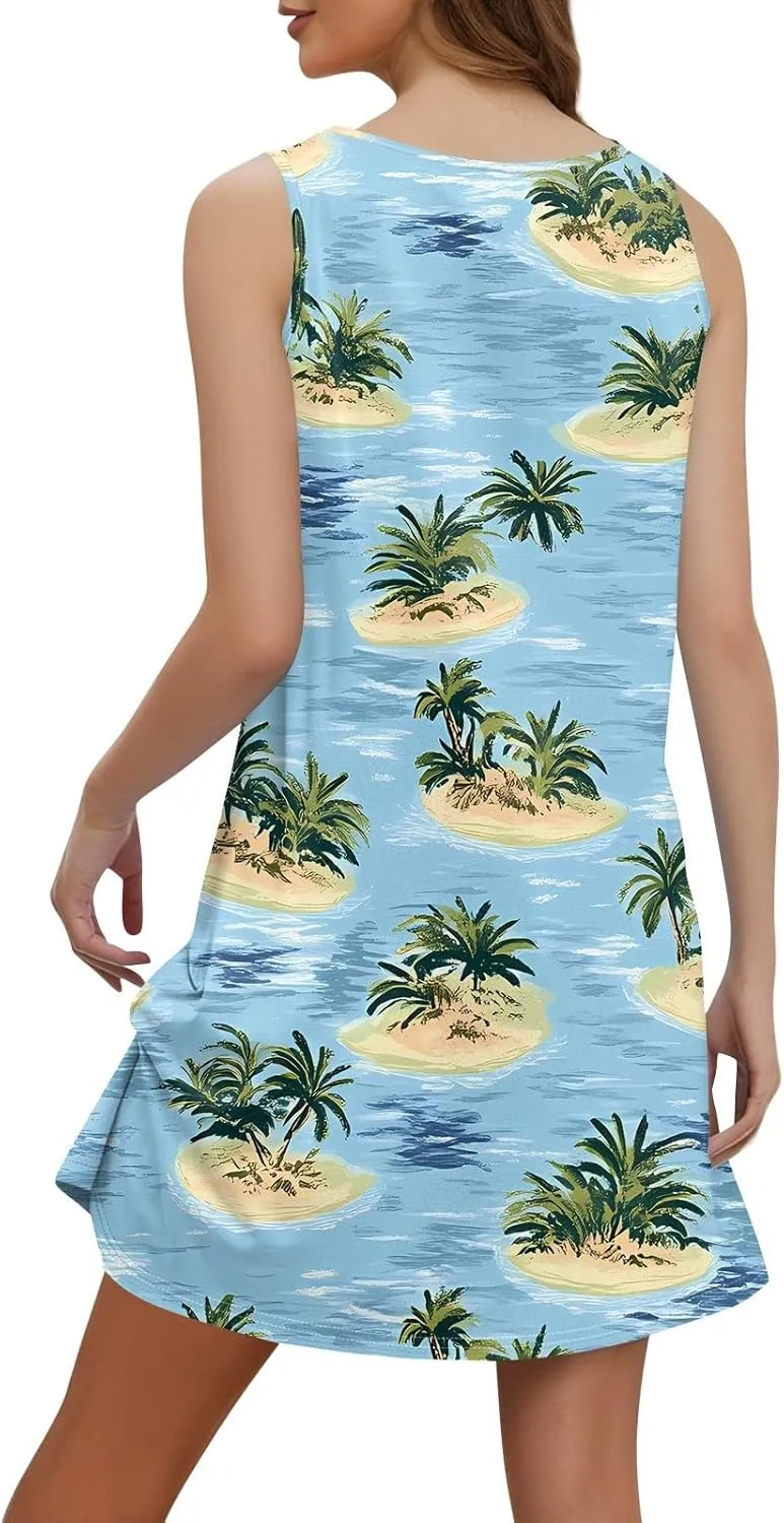 Women's Boho Floral Hawaiian Dresses with Pockets, V-Neck Sleeveless Mini Tank Sundress Summer Beach Cover Ups