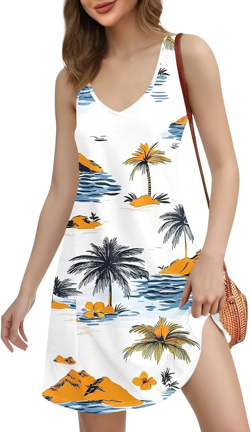 Women's Boho Floral Hawaiian Dresses with Pockets, V-Neck Sleeveless Mini Tank Sundress Summer Beach Cover Ups