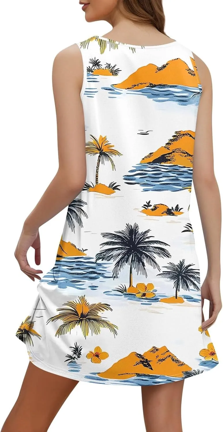 Women's Boho Floral Hawaiian Dresses with Pockets, V-Neck Sleeveless Mini Tank Sundress Summer Beach Cover Ups